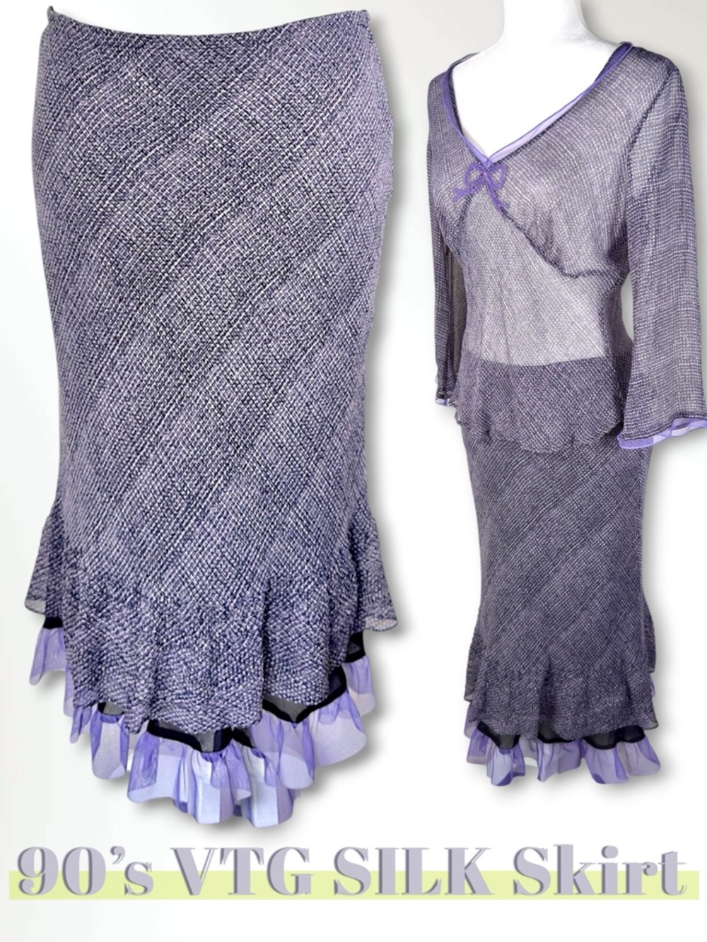 Y2K Silk Mesh Purple Ruffle Hem Midi Skirt Coquette Fairy Goth Romantic Grunge M
